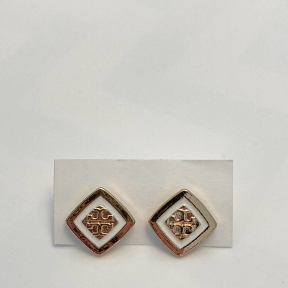 CLASSIC designer Tory Burch gold and white enamel stud earrings, business casual